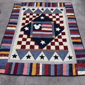 Disney Mickey Mouse Patchwork Patriotic Quilt Throw Blanket Red White Blue Stars